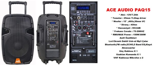 ACE PAQ-15AB 15 Watt Taşınabilir Çift Mikrofonlu Şarjlı Amfi