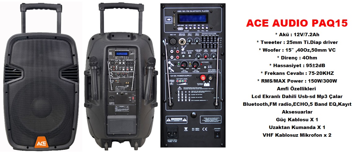 ACE PAQ-15AB 15 Watt Taşınabilir Çift Mikrofonlu Şarjlı Amfi